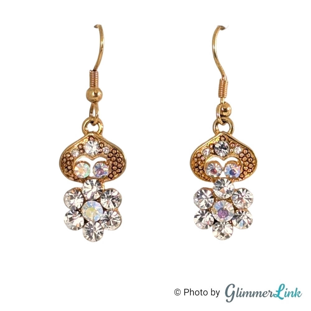 Rhinestone Crystal Flower Gold Tone Flower Drop Earrings